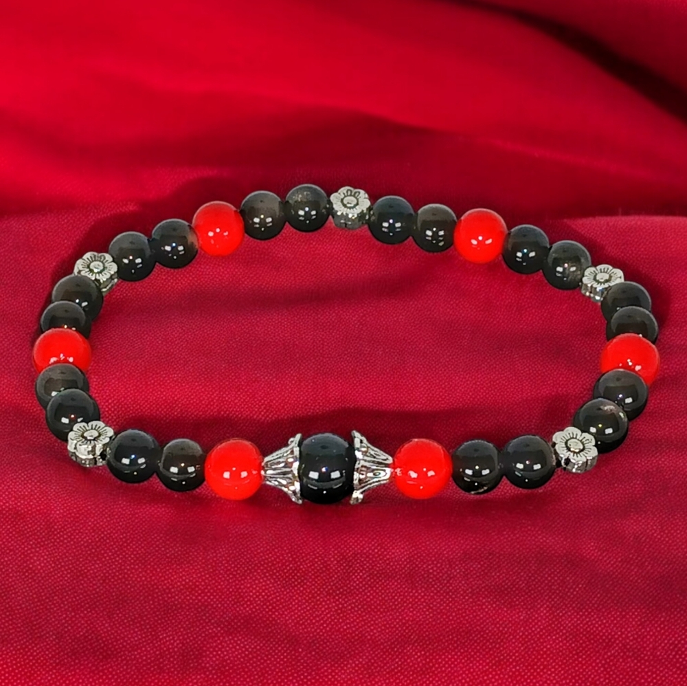 Red Coral Silver Sheen Obsidian Bracelet Western Cottagegoth Gothic Grunge Y2K